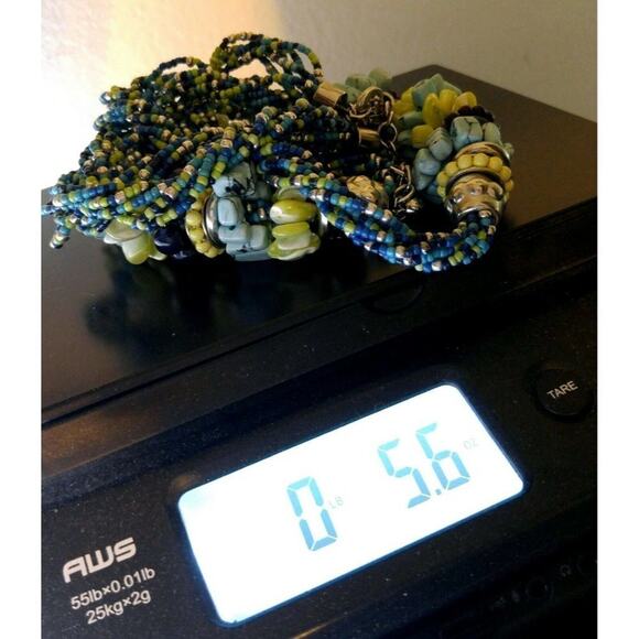 Chico's Blue Green Seed Bead Gemstone MOP Two Strand Necklace, 25 Inches - Picture 9 of 9